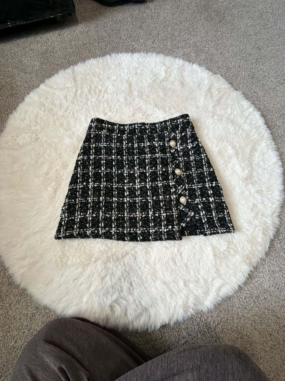 J.ING Black and White Plaid Tweed Mini Skirt with Pearl Buttons Size S